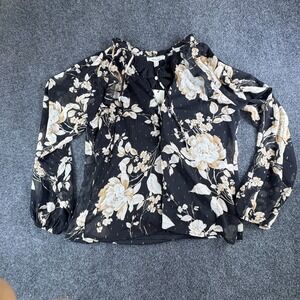Haver + Blair Blouse Top Womens M Black Floral Sheer Ruffle Tie Neck Button Up